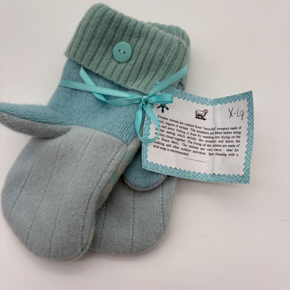 Handmade Recycled Felted Wool Fleece Lined Sweater Mittens Blue Mint XL